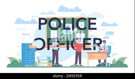 Polizeibeamter, typografischer Kopf. Detektiv, der ermittelt und verhört. Polizist patrouilliert in der Stadt und nimmt sie fest. 911 Service c Stock Vektor