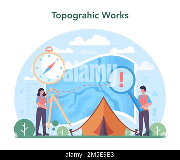 Vermessungskonzept. Landvermessungstechnik, Geodäsie-Wissenschaft. Technik- und Topographiegeräte. Menschen mit Kompass, Karte und topografischer Ausrüstung Stock Vektor