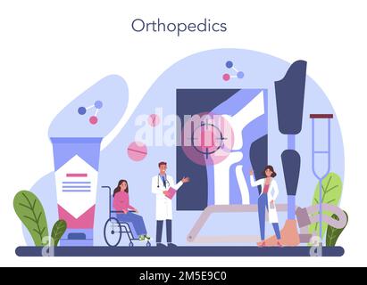 Orthopädie-Arzt. Gedanken zur Gelenk- und Knochenbehandlung. Menschliche Anatomie und Knochenstruktur. Vektordarstellung im Cartoon-Stil Stock Vektor