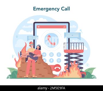 Online-Service oder -Plattform für Feuerwehrleute. Professionelle Feuerwehr feuert mit Flammen. Charakter, der Menschen rettet. Notruf. Abbildung eines flachen Vektors Stock Vektor