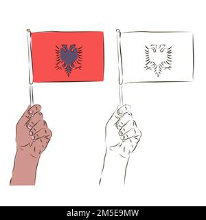 Die Flagge Montenegros liegt in der Hand eines Mannes in Farbe und Schwarz-Weiß. Der Begriff des Patriotismus. Stock Vektor