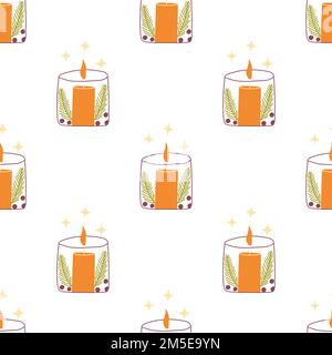 Nahtloses Muster mit weihnachtlicher brennender Kerze im Kerzenhalter mit Fichtenzweigen und Heidelbeeren. Farbenfrohe Vektordarstellung von Hand gezeichnet Stock Vektor