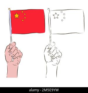 Die Flagge Chinas liegt in der Hand eines Mannes in Farbe und Schwarz-Weiß. Der Begriff des Patriotismus. Stock Vektor