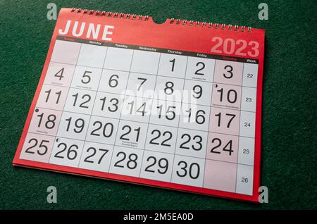 Kalender 2023, Juni, Monatsplaner für Wand und Schreibtisch. Stockfoto