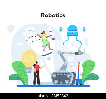 Roboterkonzept. Robotertechnik und -Konstruktion. Die Idee der künstlichen Intelligenz in der Modellierungsindustrie. Produktion von Automatisierungssystemen. Flate ve Stock Vektor