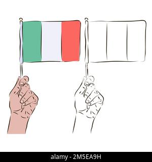 Die Flagge Italiens liegt in der Hand eines Mannes in Farbe und Schwarz-Weiß. Der Begriff des italienischen Patriotismus. Stock Vektor