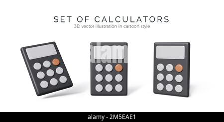 Rechnersatz. Bürorechner in schwarzen Farben mit verschiedenen Ansichten. 3D realistischer Taschenrechner im Cartoon-Stil zur Illustration von Geschäftsabläufen. Vektor-iso Stock Vektor