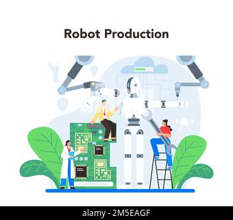 Roboterkonzept. Robotertechnik und -Konstruktion. Die Idee der künstlichen Intelligenz in der Modellierungsindustrie. Produktion von Automatisierungssystemen. Flate ve Stock Vektor