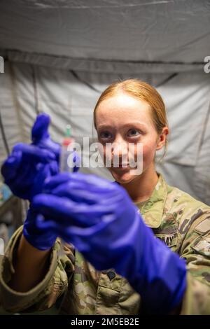 USA Sara Blevins, Sanitäterin mit 325. Brigaden-Stützbataillon, 3. Infanteriebrigaden-Kampfteam, 25. Infanteriedivision, posiert für Fotos zur Feier des Internationalen Frauentags während Salaknib 2022 in Fort Magsaysay, Nueva Ecija, Philippinen, 7. März 2022. Fast 1.100 US-Dollar Soldaten der pazifischen Armee werden in Salaknib zusammen mit ihren philippinischen Pendants teilnehmen, um die Interoperabilität zu verbessern und unsere Partnerschaft im gesamten indo-pazifischen Raum zu stärken. Stockfoto