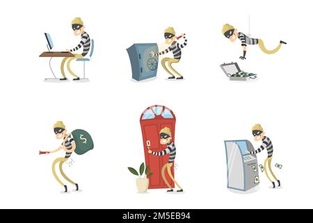 Isolierter Dieb. Cartoon-Mann mit Maske, der Geld stiehlt. Stock Vektor