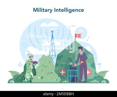 Soldatenkonzept. Militarer Angestellter in Tarnung mit einer Waffe. Militärische Ausbildung mit Ausrüstung und Technologie. Grenzüberwachung. Isolieren Stock Vektor