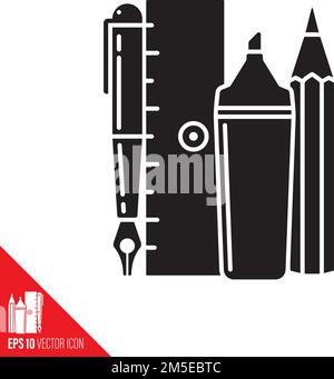 Verschiedene Schreibwaren wie Bleistift, Füllfederhalter, Textmarker und Lineal. Symbol für Schreibinstrumente. Stock Vektor