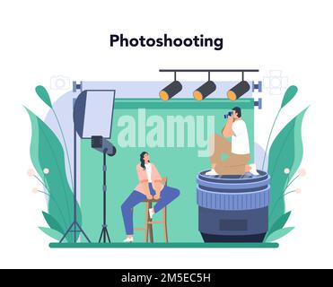 Fotografen-Konzept. Professioneller Fotograf mit Kamera, der Fotos in einem Studio macht. Ereignisfotografie. Darstellung isolierter flacher Vektoren Stock Vektor