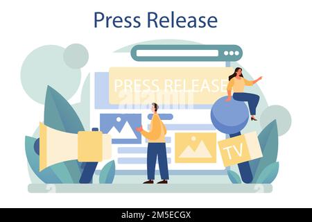Pressemitteilung Konzept. Massenmedien-Verlagswesen, tägliche Nachrichtensendungen. Idee einer Pressemitteilung. Darstellung isolierter flacher Vektoren Stock Vektor