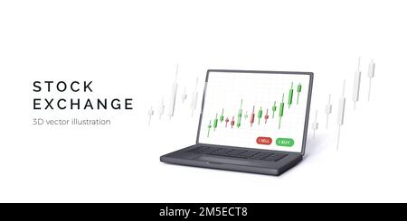 3D Rendern Sie den Laptop mit einem Kerzenhalter auf dem Bildschirm. Börsenhandelskonzept. Geschäftsvorlage für Banner. Kryptowährungsdiagramm und Analyse da Stock Vektor
