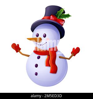 Süßer Schneemann mit Hut, Schal, emotionalem fröhlichem Gesicht im Cartoon-Stil, isoliert auf weißem Hintergrund. Weihnachtsfigur, Winterdekoration. Vektordarstellung Stock Vektor