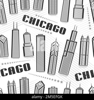 Vector Chicago Seamless Pattern, quadratischer Wiederholungshintergrund mit Illustration der berühmten chicagoer Stadtlandschaft auf weißem Hintergrund für Geschenkpapier, Monoc Stock Vektor