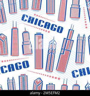 Vector Chicago Seamless Pattern, sich wiederholender Hintergrund mit Illustration der roten berühmten chicagoer Stadtlandschaft auf weißem Hintergrund für Geschenkpapier und Dekor Stock Vektor