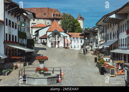 Mittelalterstadt Gruyeres, Fribourg, Schweiz Stockfoto