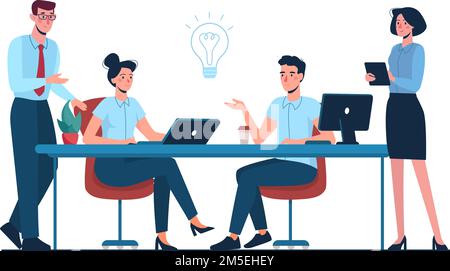 Geschäftsleute arbeiten im Büro zusammen und diskutieren Ideen für ein Projekt. Vektordarstellung von Teamarbeit, Brainstorming. Team von Büromitarbeitern. Flacher Stil. Stock Vektor