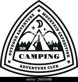 Adventure Club-Logo. Camping-Emblem mit schwarzer Linie Stock Vektor