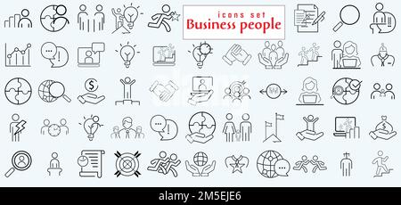 Symbole für Geschäftsleute festgelegt. Personalwesen, Büroverwaltung - dünne Websymbolgruppe. Geschäftsmann-Ikonensammlung. Stock Vektor
