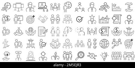 Symbole für Geschäftsleute festgelegt. Personalwesen, Büroverwaltung - dünne Websymbolgruppe. Geschäftsmann-Ikonensammlung. Stock Vektor