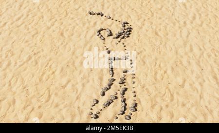 Konzeptionelle Steine auf Strand Sand handgefertigte Symbolform, goldener sandiger Hintergrund, Golf Player Schild. eine Metapher zur 3D-Darstellung für Sport und Wettkampf Stockfoto