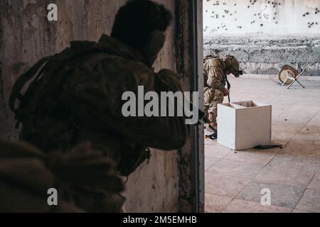 USA Army Sgt. Reynaldo Perez-Velez, ein Infanterie-Mann, der dem 1. Bataillon, dem 4. Infanterie-Regiment, zugeteilt wurde, sucht einen simulierten Feind während des Saber-Streiks 22 auf dem militärischen Trainingsgelände lest, Slowakei, 8. märz 2022. Saber Strike 22 ist eine multinationale Übung vom 28. Februar bis zum 18. März 2022, an der 13 NATO-Verbündete und Partnerländer teilnehmen. Die Übung soll die kollektiven Fähigkeiten der NATO zeigen, unter strengen Bedingungen zu operieren, und zeigen, dass wir gemeinsam stärker sind. Stockfoto