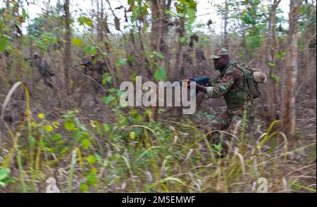 Soldaten des 1. Kommando-Parachutentataillons Benin marschieren während eines Joint Combined Exchange Training (JCET)-Szenarios in Ouassa, Benin, am 08. März 2022 auf eine feindliche Position vor. Das Engagement der USA bringt beiderseitigen Nutzen, hält internationale Normen ein und behandelt Partner als gleichberechtigt. Stockfoto