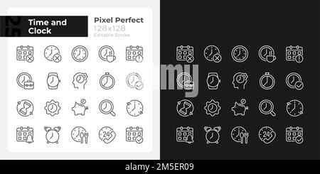 Zeit- und Uhrpixel perfekte lineare Symbole, die für den dunklen, hellen Modus eingestellt sind Stock Vektor