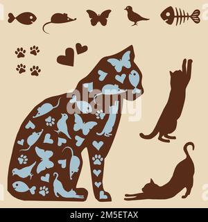 Silhouetten mit Vektorkatzen, Katzen und was sie lieben. Vektordarstellung. Stock Vektor
