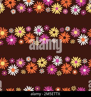 Retro-farbige Blumenstreifen nahtloses Vektormuster auf braunem Hintergrund. Vektordarstellung Stock Vektor