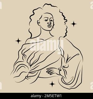 Minimalistisches, lockiges Frau-lineart-Porträt, Skizzenmalerei. Stock Vektor