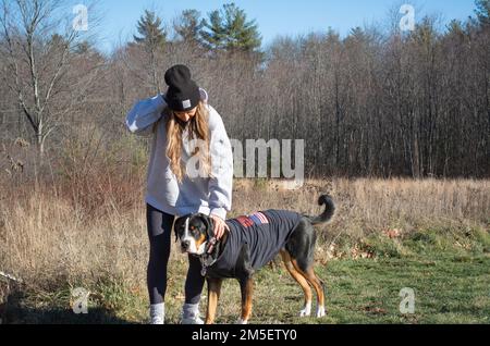 Ein Mädchen mit ihrem schweizer Berghund läuft draußen am Waldrand in New Hampshire, USA Stockfoto