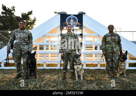 Die Luftwaffenstaffel 8. Military Working Dogs lächeln mit ihren MWDs am Luftwaffenstützpunkt Kunsan, Republik Korea, 9. März 2022. Zu Ehren des Women’s History Month reflektierten die weiblichen MWD-Handler darüber, dass sie in einem von Männern dominierenden US-Militär- und Karrierebereich tätig waren. Stockfoto