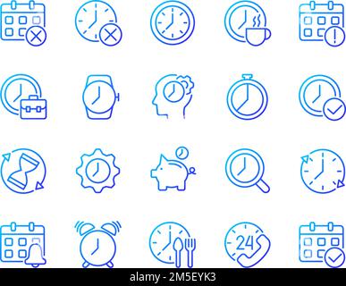 Symbole für Zeit- und Uhrpixel-Perfect Gradient Linearvektor werden eingestellt Stock Vektor