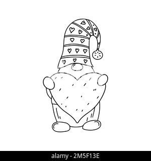 Süßer Zwerg mit Herz in den Händen im handgezeichneten Doodle-Stil. GNOME mit Liebessymbol. Märchenhafte Figur im Skizzenstil Stock Vektor