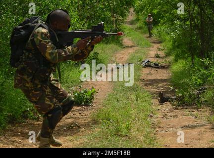 Tansania People’s Defense Force (TPDF) und Marine Special Forces (MSF) praktizieren kleine Einheiten und patrouillieren mit den USA Army Green Beret wurde 3. Special Forces Group im Rahmen einer Joint Combined Exchange Training (JCET) in der Nähe von mSATA, Tansania, am 9. März 2022 zugeteilt. Die Teams konzentrierten sich auf die Vertiefung grundlegender Fähigkeiten wie grundlegende Schießkunst, Taktik kleiner Einheiten und Missionsplanung. Stockfoto