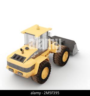 Eine Nahaufnahme eines auf weißem Hintergrund isolierten Baufahrzeugs für einen Bagger mit einem Rad Stockfoto