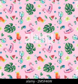 Leuchtendes, saftiges, tropisches, nahtloses Muster mit rosafarbenem Flamingo, Monstera-Blättern, Sonnenbrille, Wassermelone und einem Strandcocktail auf pinkfarbenem Hintergrund Stockfoto