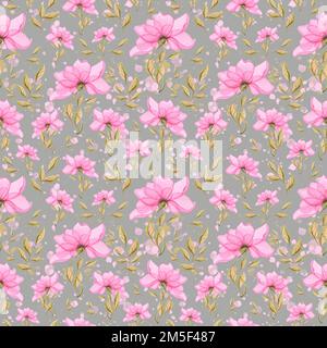 Aquarelle Darstellung einer einfachen rosafarbenen Blume mit Blättern. Ein zartes, nahtloses Muster auf grauem Hintergrund. Für Design, Textilien Stockfoto