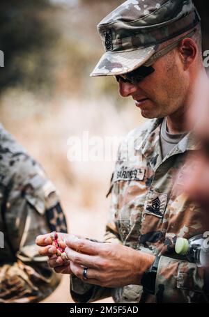 USA Army 1., Sergeant Joshua Gardner, hochrangiger Berater, Braves Kompanie, 4. Bataillon, 23. Infanterie-Regiment, 2. Brigade Combat Team, 2. Infanteriedivision, probiert wilde Erbsen als Teil eines Dschungelkurses während Hanuman Guardian 2022 in Lopburi, Königreich Thailand, 11. März 2022. Das HG 22 bietet den Vereinigten Staaten und der RTA die Möglichkeit, die Interoperabilität zu verbessern und die Partnerkapazitäten bei der Planung und Durchführung komplexer und realistischer Operationen der multinationalen Truppe und der kombinierten Task Force zu erhöhen. Stockfoto