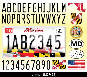 Maryland Autokennzeichen, USA, Buchstaben, Zahlen und Symbole, Vektorzeichnung Stock Vektor