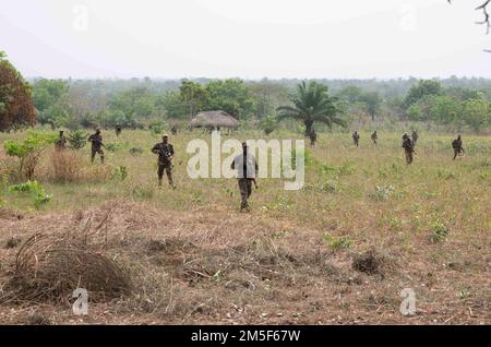 Ein Zug von Soldaten des 1. Kommandoparachutentataillons von Benin marschiert auf dem Weg zu einem Ziel während eines Joint Combined Exchange Training (JCET)-Szenarios in Ouassa, Benin, am 11. März 2022 über ein Feld. Das Engagement der USA bringt beiderseitigen Nutzen, hält internationale Normen ein und behandelt Partner als gleichberechtigt. Stockfoto