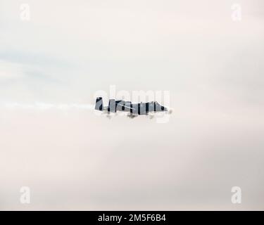 EIN US-AMERIKANISCHER Der Pilot der Air Force 104. Fighter Squadron aus dem 175. Flügel der Maryland Air National Guard führt Straffing-Training von einer A-10 Thunderbolt II am 10. März 2022 auf dem Warren Grove Gunnery Range, Warren Grove, New Jersey, durch. Brigg. General Patrick M. Kennedy, Assistant Adjutant General-Air, New Jersey National Guard, und Chief Master Sgt. Michael J. Rakauckas, New Jersey Air National Guard State Command Chief, beobachteten das Training während eines Besuchs. Stockfoto