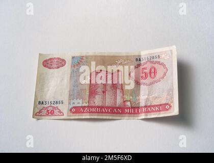 Aserbaidschan-50-Manat-Banknote - Ausgabe 1992. Stockfoto