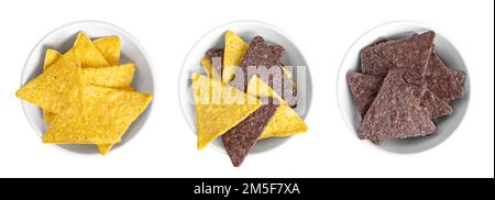 Gelbe, gemischte und blaue Tortilla-Chips in weißen Schüsseln. Snack-Essen aus Maistortillas. Dreieckige Keile, in Öl gebraten und leicht gesalzen. Stockfoto