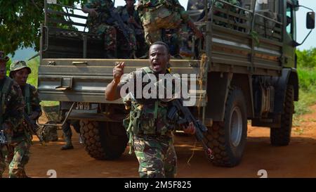 Tansania People’s Defense Force (TPDF) und Marine Special Forces (MSF) führen einen simulierten Angriff durch, während die USA Army Green Beret, der 3. Special Forces Group zugewiesen, beaufsichtigt während einer gemeinsamen kombinierten Austauschschulung (JCET) in der Nähe von mSATA, Tansania, 10. März 2022. Die Teams konzentrierten sich auf die Vertiefung grundlegender Fähigkeiten wie grundlegende Schießkunst, Taktik kleiner Einheiten und Missionsplanung. Stockfoto