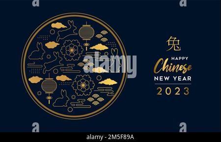 Chinesisches Neujahr 2023 der Kaninchen-Grußkarte Illustration einer abstrakten asiatischen Kreisdekoration in Goldfarbe. Blauer Hintergrund für eine Feier mit lan Stock Vektor